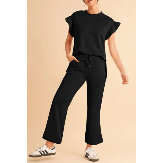 Elevate Your Style with Black Textured Ruffle Summer Drawstring Pants Set Black / XL