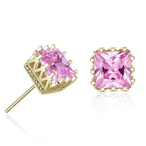 Elevate Style with Gold Hollow Crown Inlaid Square Gemstone Design Earrings