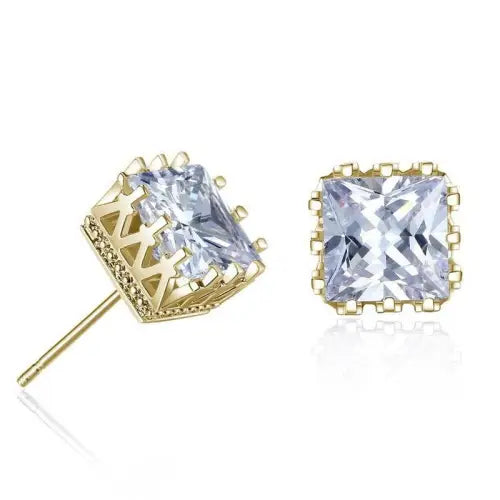 Elevate Style with Gold Hollow Crown Inlaid Square Gemstone Design Earrings Silver / White