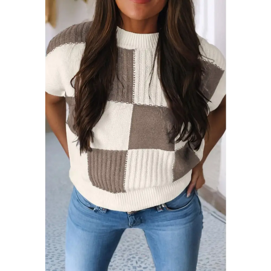 Elevate Your Style with the Khaki Checkered Color Block Short Sleeve Sweater Khaki / XL