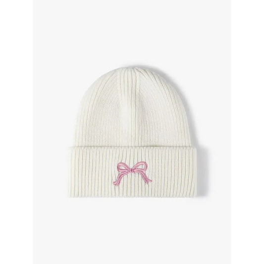 Embroidered Bow Knit Hat - CM Fashion