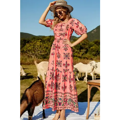 Floral Ruched Puff Sleeve Tiered Maxi Dress - CM Fashion