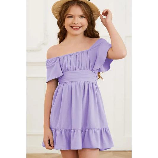 Enchanting Lavender Tie-Back Flutter Sleeve Dress with Ruffle Hem Lavender / 2XL