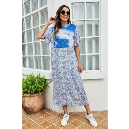 Tie-Dye Floral Flutter Sleeve Hooded Dress - CM Fashion