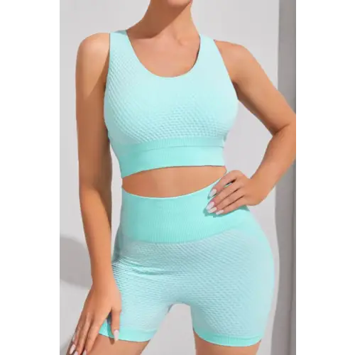 Round Neck Sports Bra and Shorts Set - Aqua / S - CynthiaMonica CM