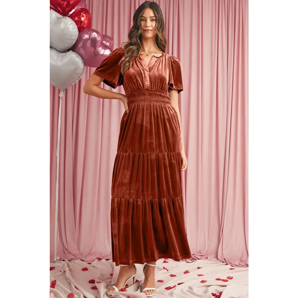 Evergreen Velvet Puff Short Sleeve Smocked Waist Maxi Dress