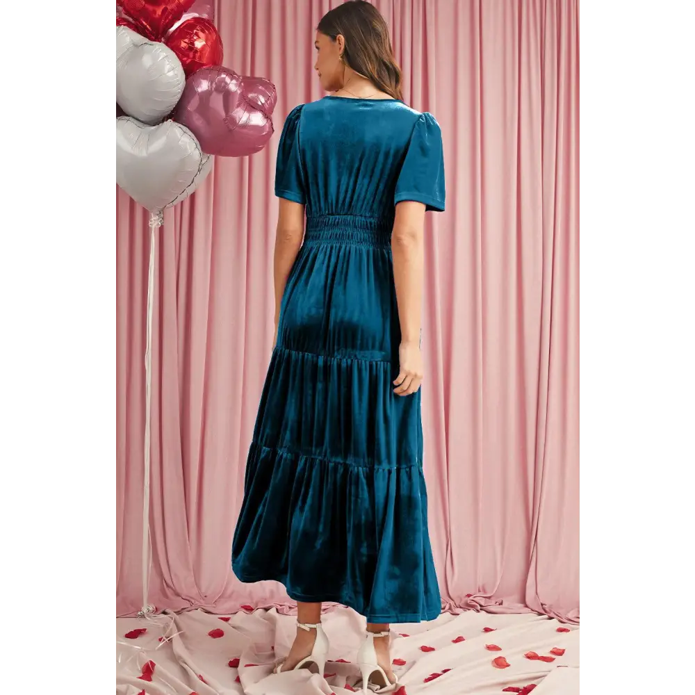 Evergreen Velvet Puff Short Sleeve Smocked Waist Maxi Dress