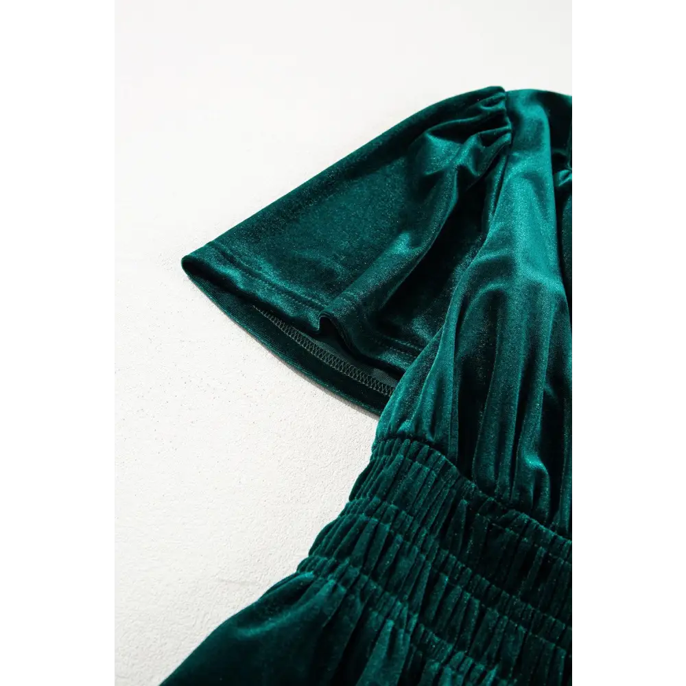 Evergreen Velvet Puff Short Sleeve Smocked Waist Maxi Dress