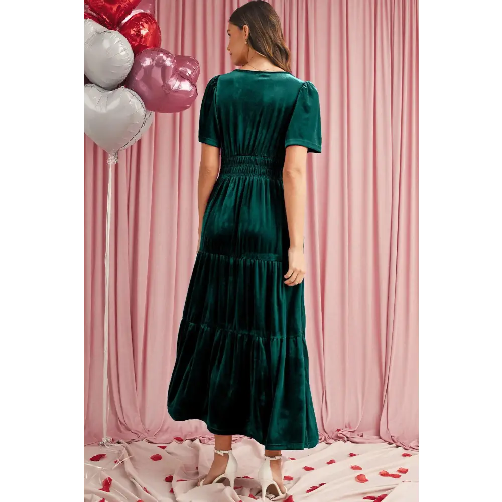 Evergreen Velvet Puff Short Sleeve Smocked Waist Maxi Dress