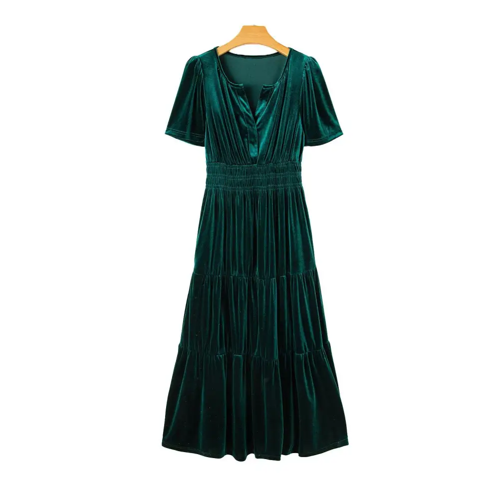 Evergreen Velvet Puff Short Sleeve Smocked Waist Maxi Dress