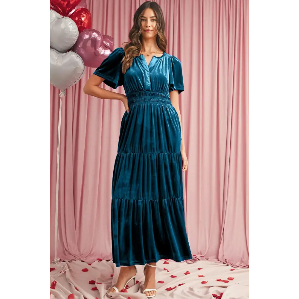 Evergreen Velvet Puff Short Sleeve Smocked Waist Maxi Dress