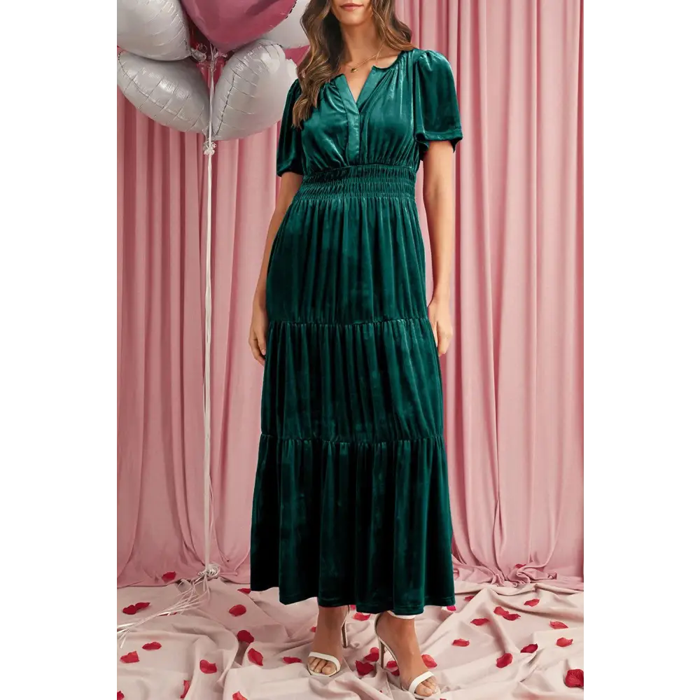 Evergreen Velvet Puff Short Sleeve Smocked Waist Maxi Dress