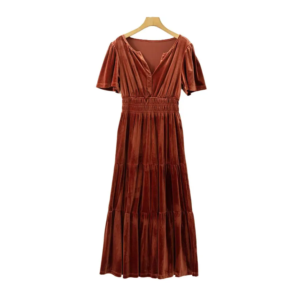 Evergreen Velvet Puff Short Sleeve Smocked Waist Maxi Dress