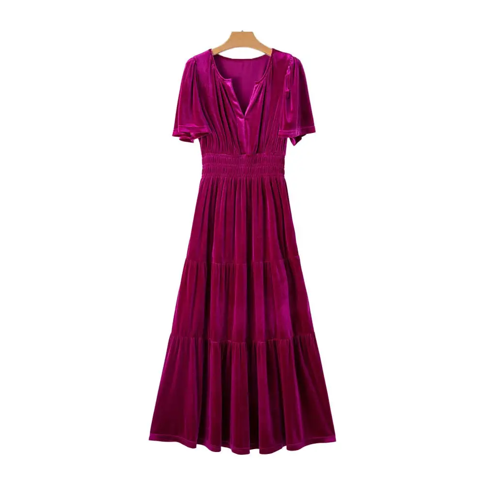 Evergreen Velvet Puff Short Sleeve Smocked Waist Maxi Dress