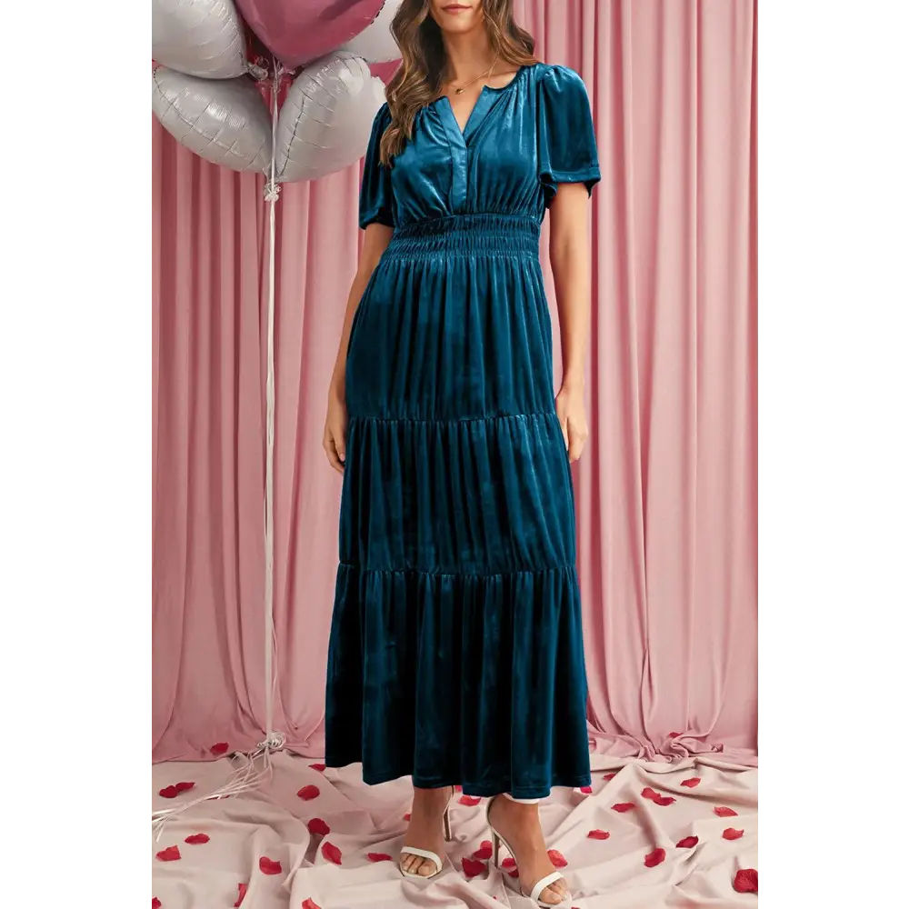 Evergreen Velvet Puff Short Sleeve Smocked Waist Maxi Dress