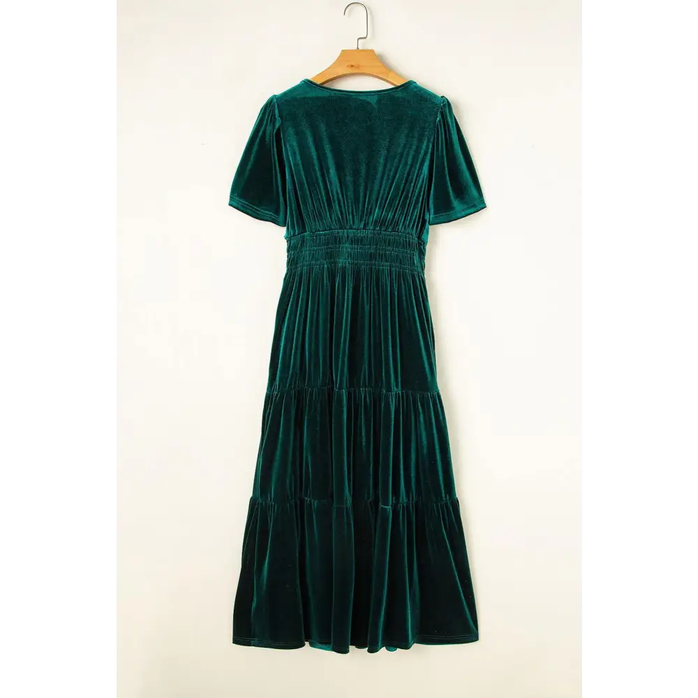 Evergreen Velvet Puff Short Sleeve Smocked Waist Maxi Dress