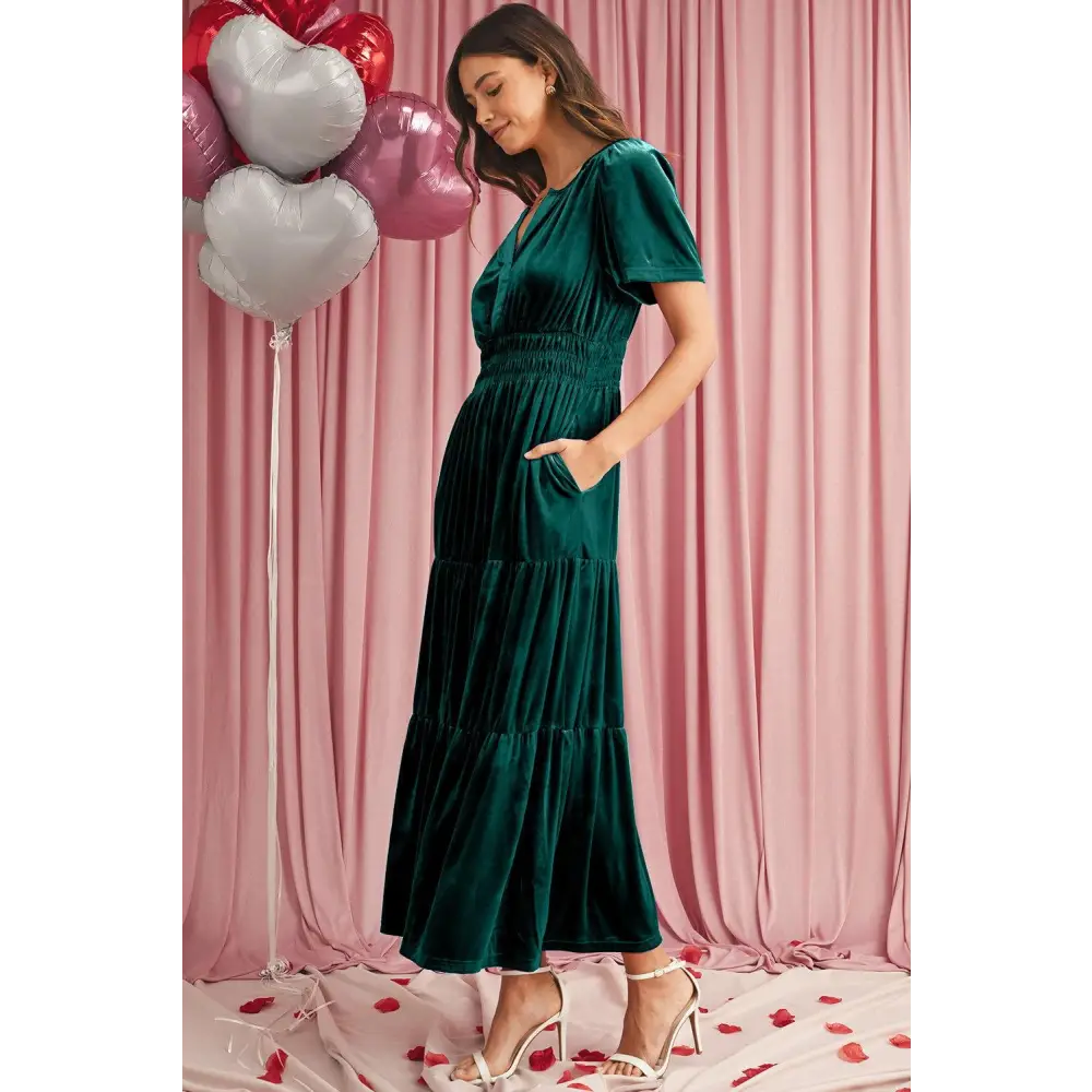 Evergreen Velvet Puff Short Sleeve Smocked Waist Maxi Dress