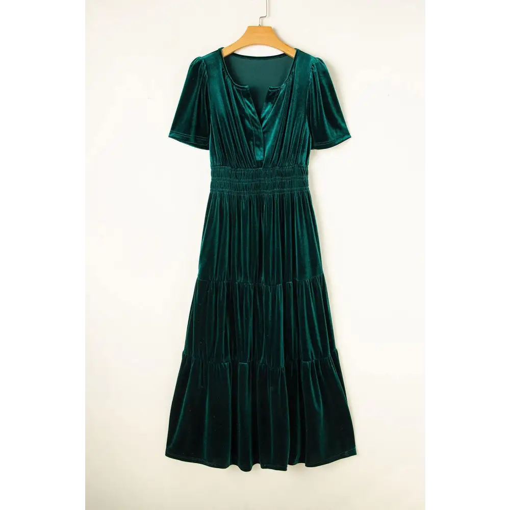 Evergreen Velvet Puff Short Sleeve Smocked Waist Maxi Dress