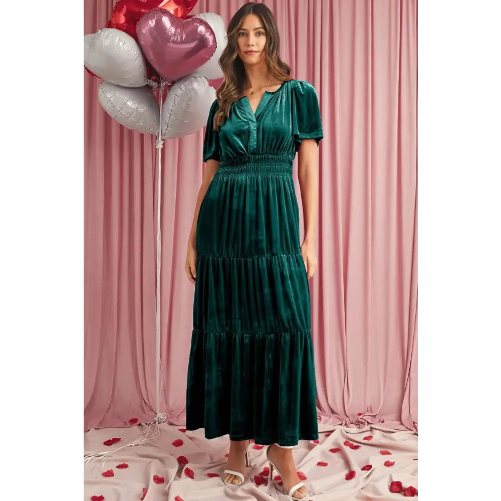 Evergreen Velvet Puff Short Sleeve Smocked Waist Maxi Dress