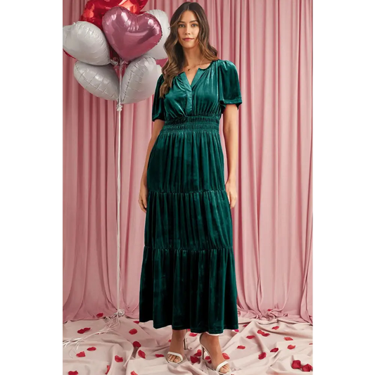 Evergreen Velvet Puff Short Sleeve Smocked Waist Maxi Dress Evergreen / XL