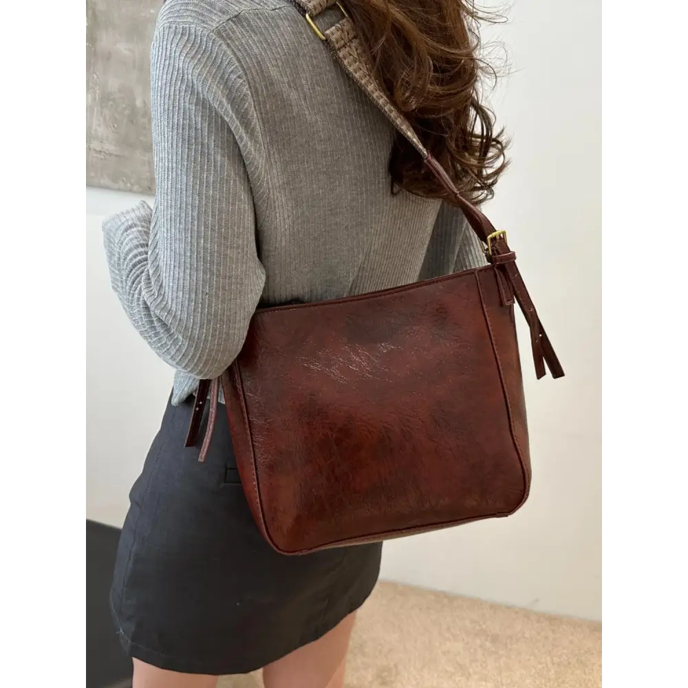 Exciting Brown Faux Leather Adjustable Strap Crossbody Bag