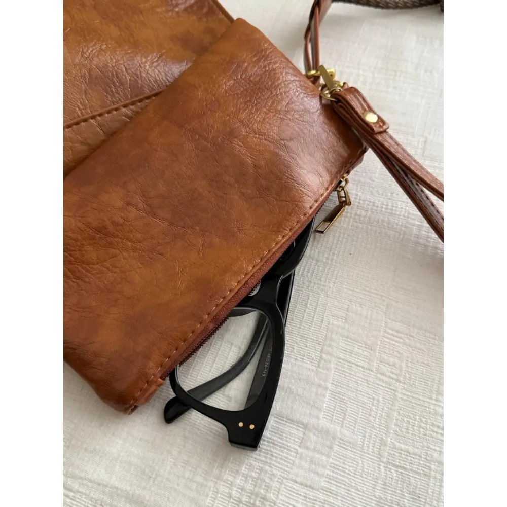 Exciting Brown Faux Leather Adjustable Strap Crossbody Bag