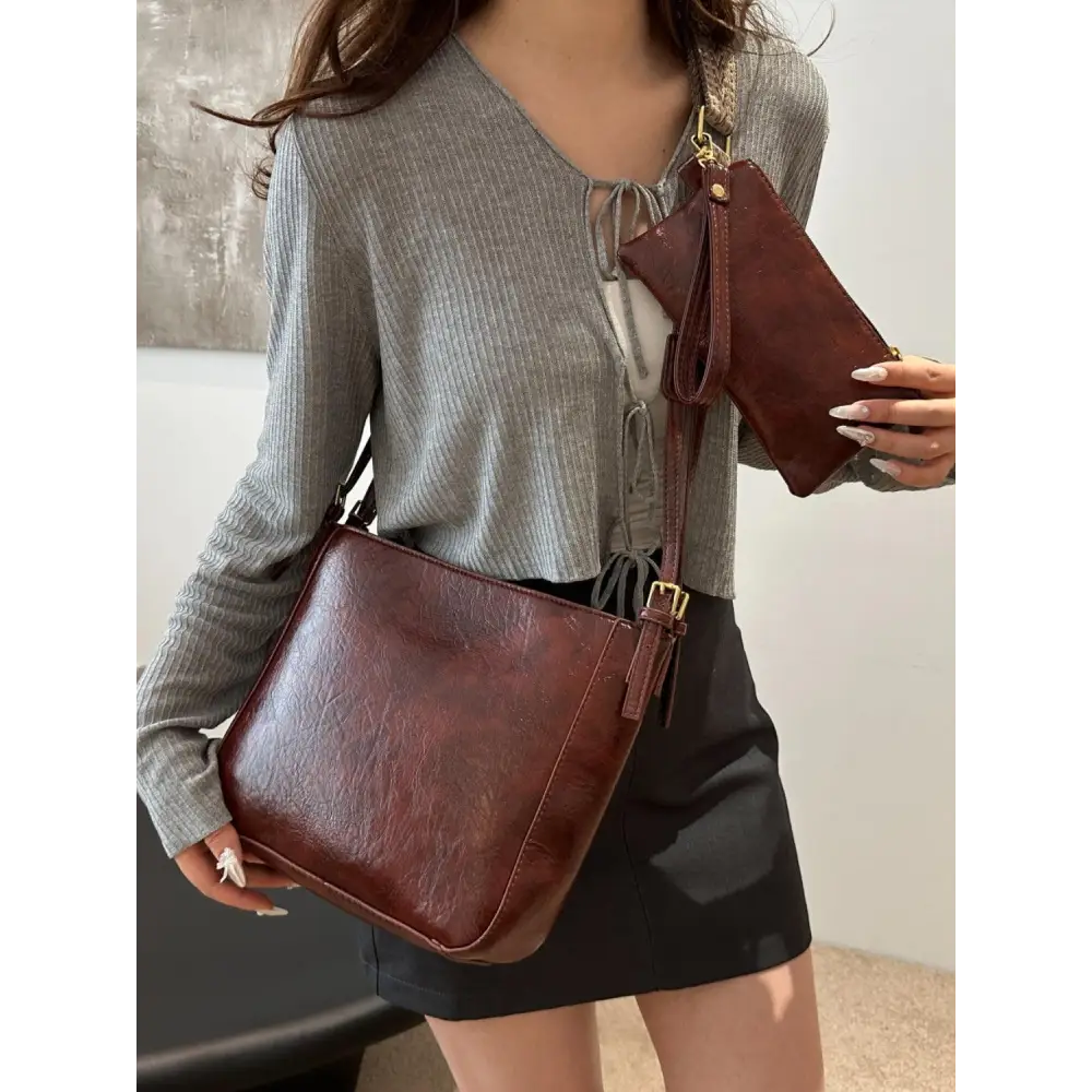 Exciting Brown Faux Leather Adjustable Strap Crossbody Bag