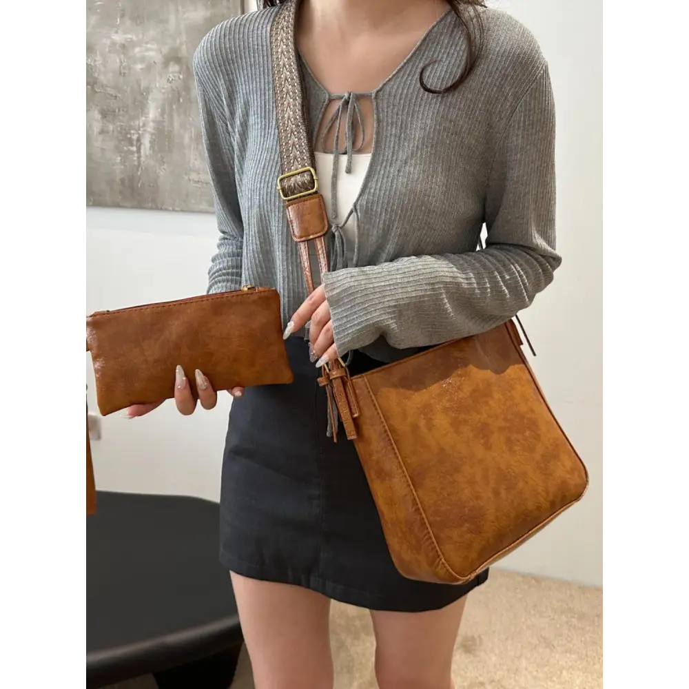 Exciting Brown Faux Leather Adjustable Strap Crossbody Bag