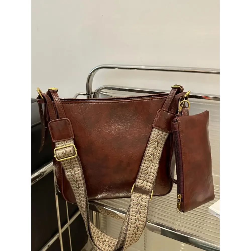 Exciting Brown Faux Leather Adjustable Strap Crossbody Bag