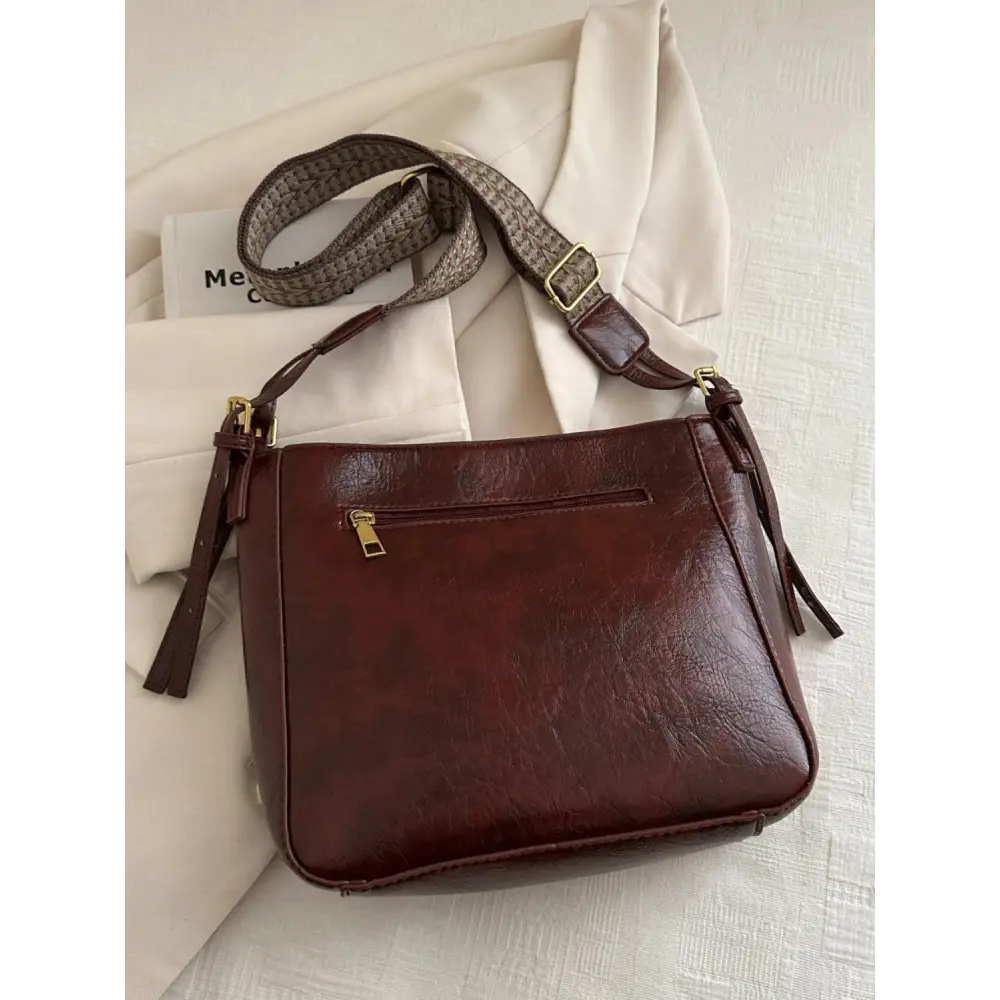 Exciting Brown Faux Leather Adjustable Strap Crossbody Bag