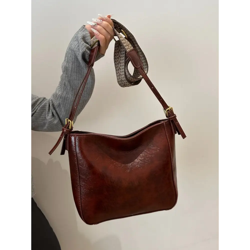 Exciting Brown Faux Leather Adjustable Strap Crossbody Bag