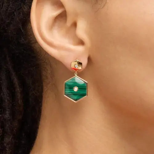 Exquisite 18K Hexagonal Inlaid Gemstone Statement Earrings