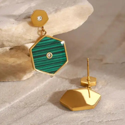 Exquisite 18K Hexagonal Inlaid Gemstone Statement Earrings