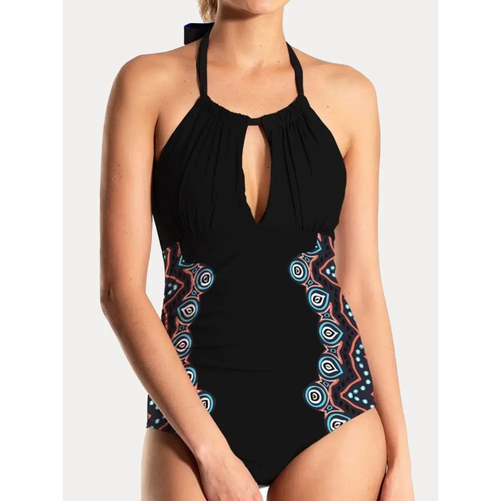 Stunning Cutout Printed Halter Neck One-Piece Swimwear by FAM-FAM