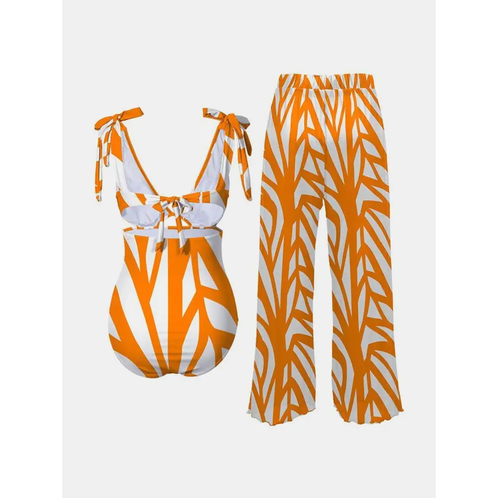 FAM-FAM Printed Tie Shoulder Swimwear and Pants Swim Set