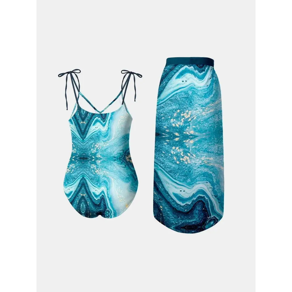 FAM-FAM Printed Tie Shoulder Swimwear and Skirt Swim Set