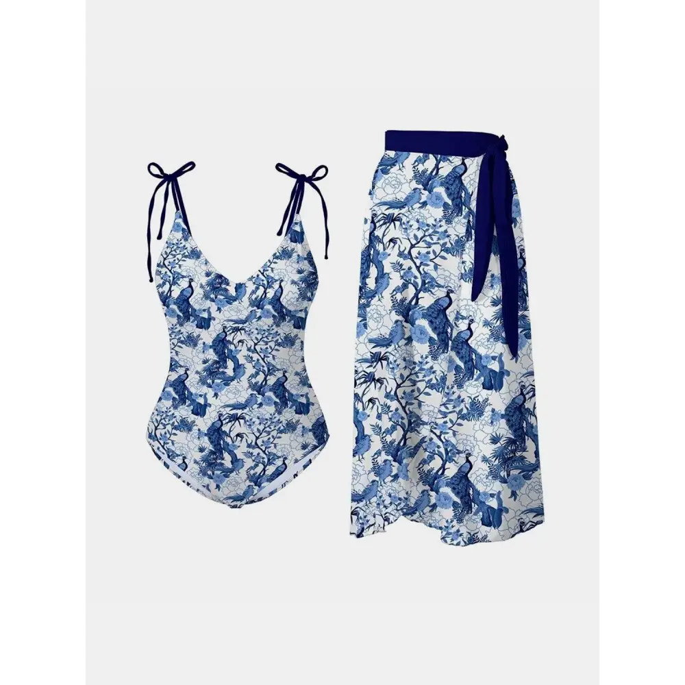 Stylish FAM-FAM Tie Shoulder Swimwear and Skirt Set for Summer Fun