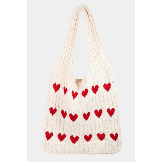 Fame Contrast Heart Crochet Tote Bag - CM Fashion