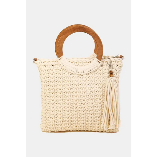 Fame Crochet Knit Convertible Tote Bag with Tassel - CM Fashion