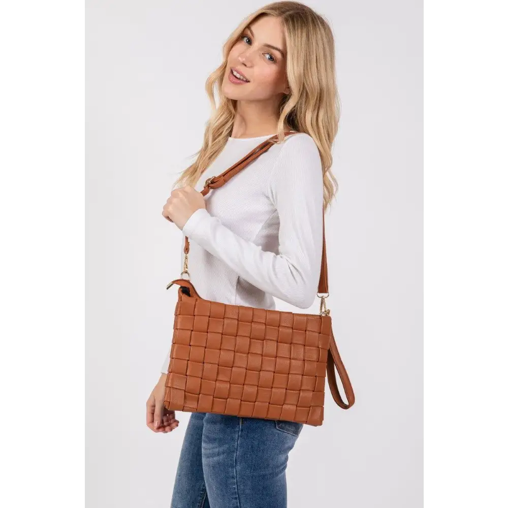 Fame Faux Leather Basket Weave Crossbody Bag