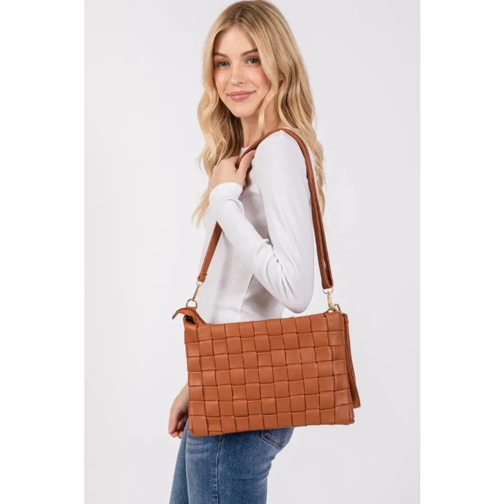 Fame Faux Leather Basket Weave Crossbody Bag