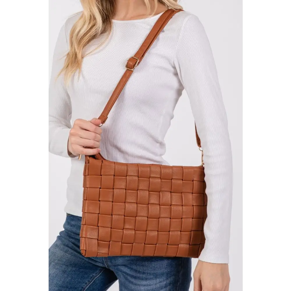 Fame Faux Leather Basket Weave Crossbody Bag