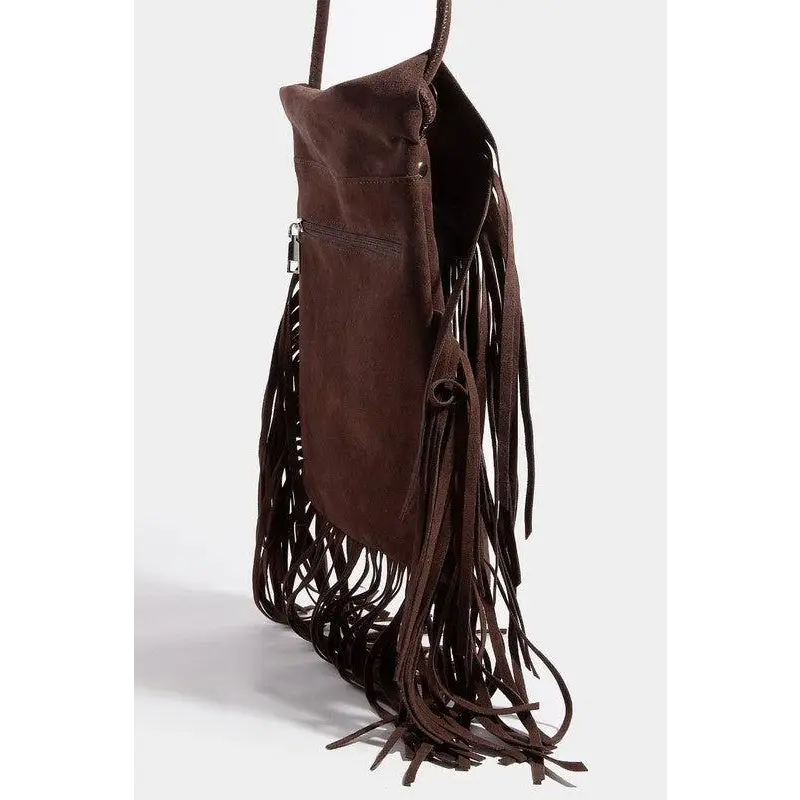 Fame Faux Suede Fringe Rectangle Crossbody Bag