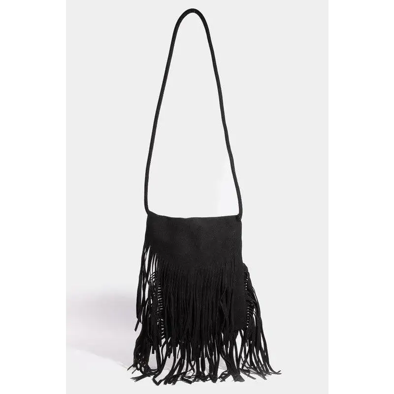 Fame Faux Suede Fringe Rectangle Crossbody Bag