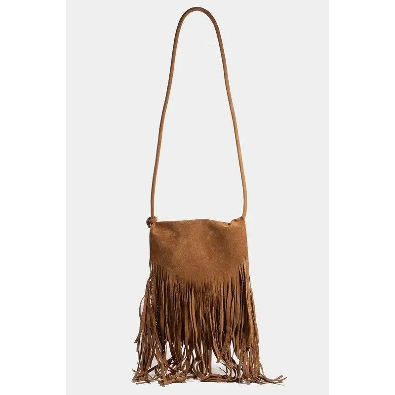 Fame Faux Suede Fringe Rectangle Crossbody Bag