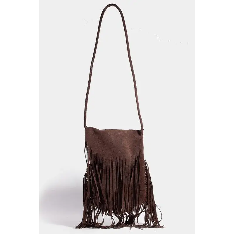 Fame Faux Suede Fringe Rectangle Crossbody Bag