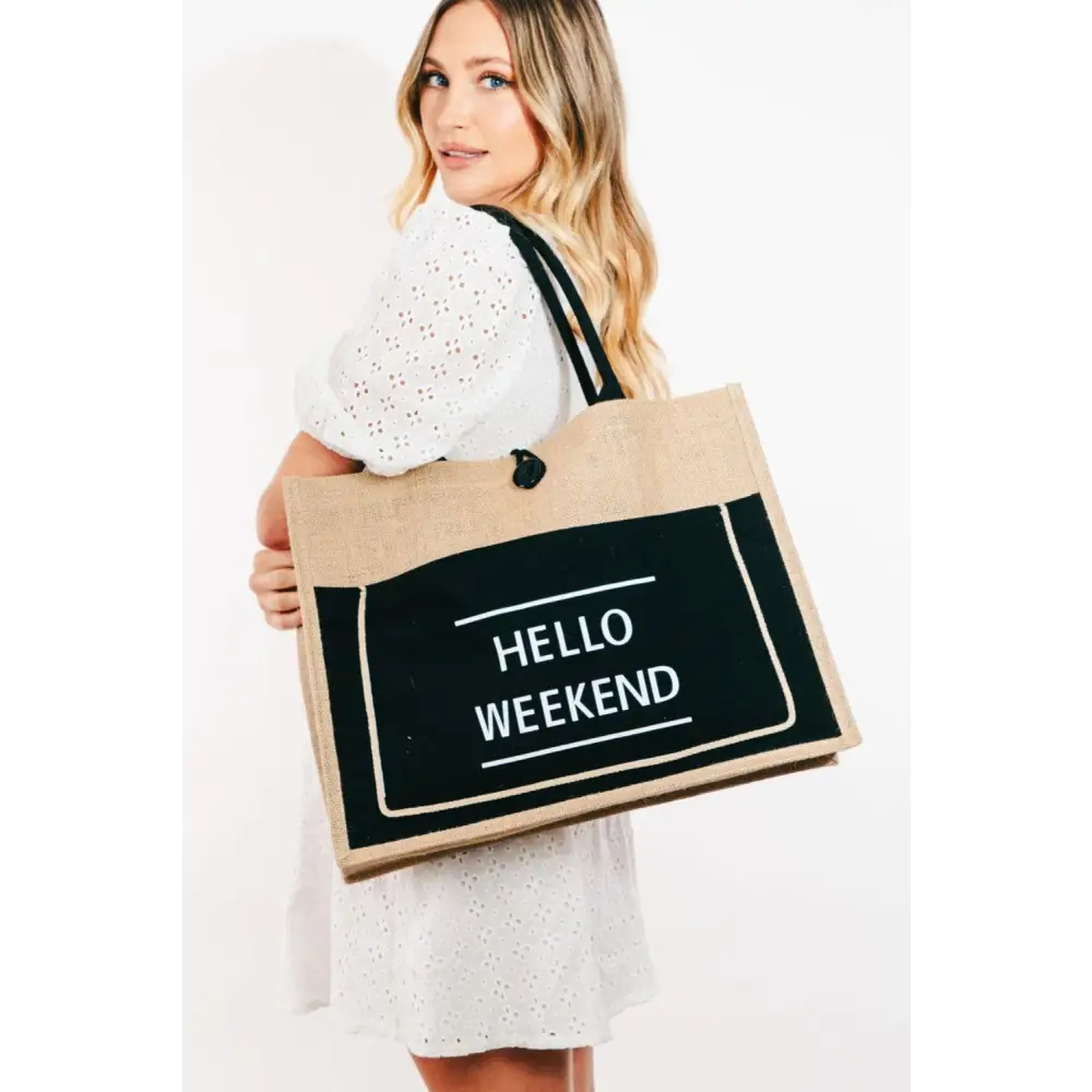 Fame Hello Weekend Burlap Tote Stylish Tan and Black Carryall