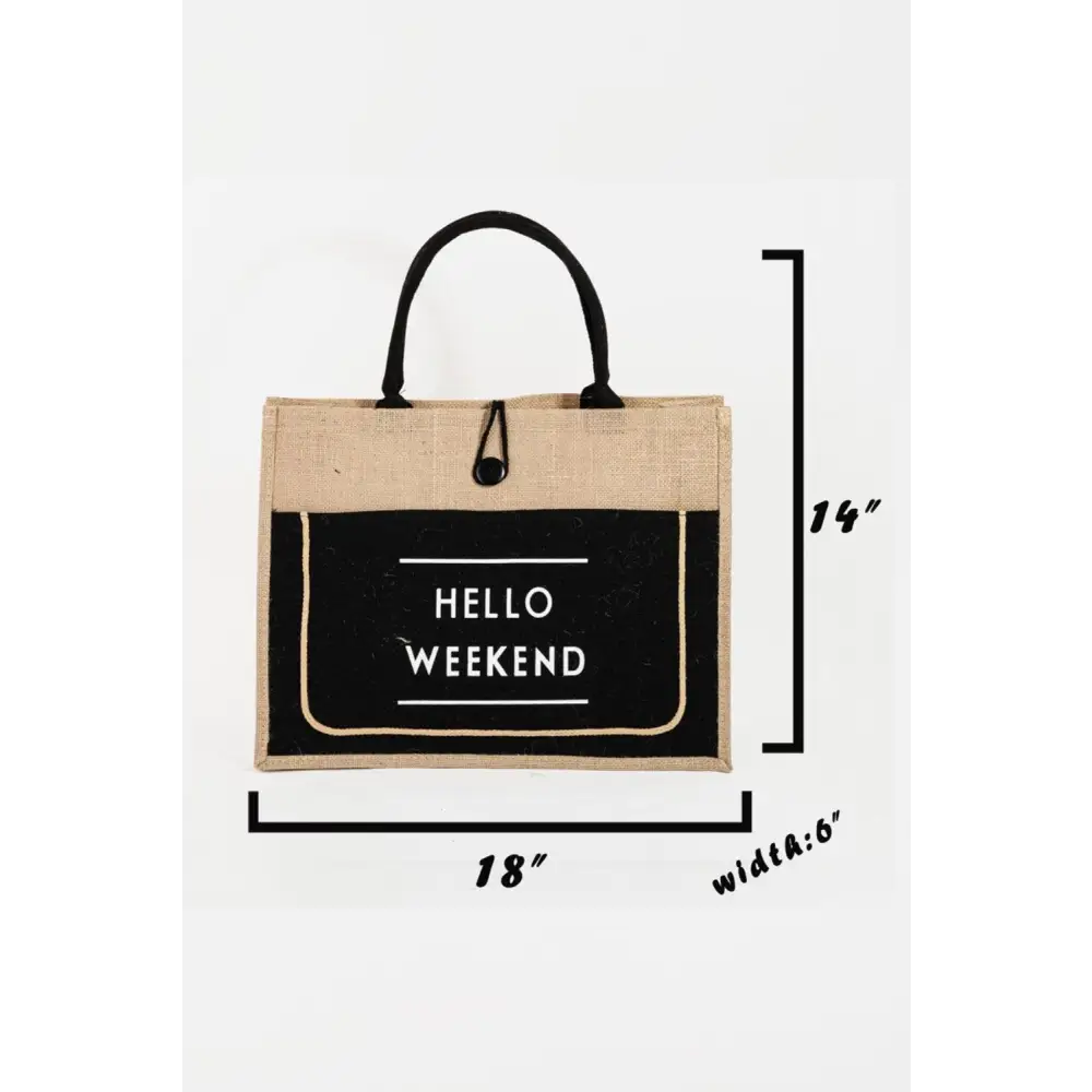 Fame Hello Weekend Burlap Tote Stylish Tan and Black Carryall