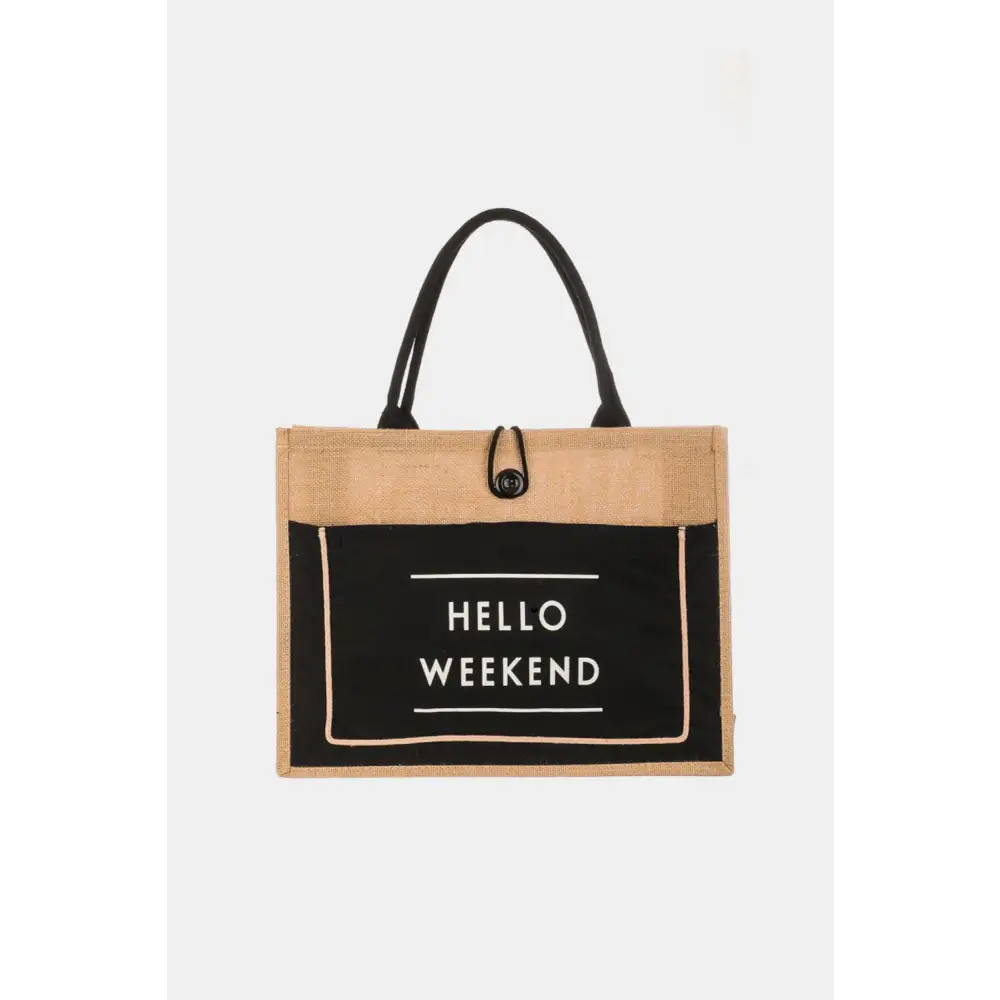 Fame Hello Weekend Burlap Tote Stylish Tan and Black Carryall