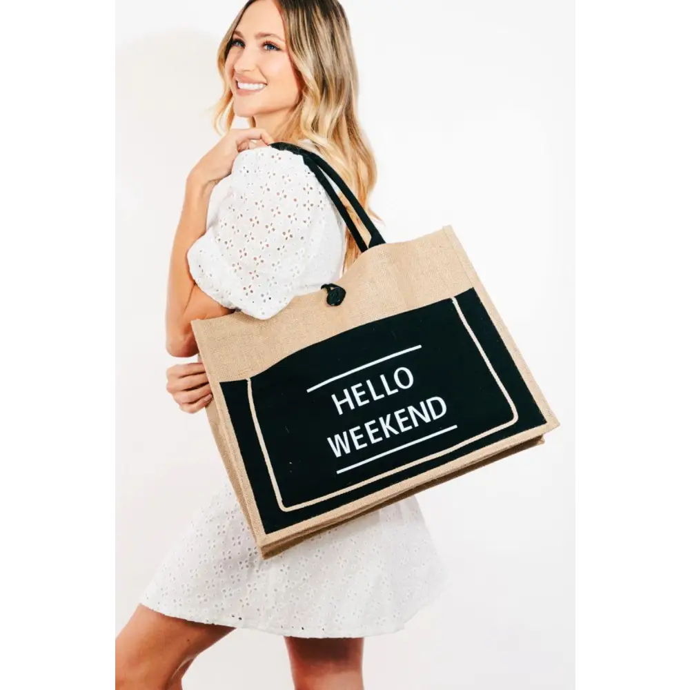 Fame Hello Weekend Burlap Tote Stylish Tan and Black Carryall